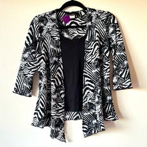 NWT Brittany Black Small White Black Zebra Sequin Cami Pleated Cardigan Vintage